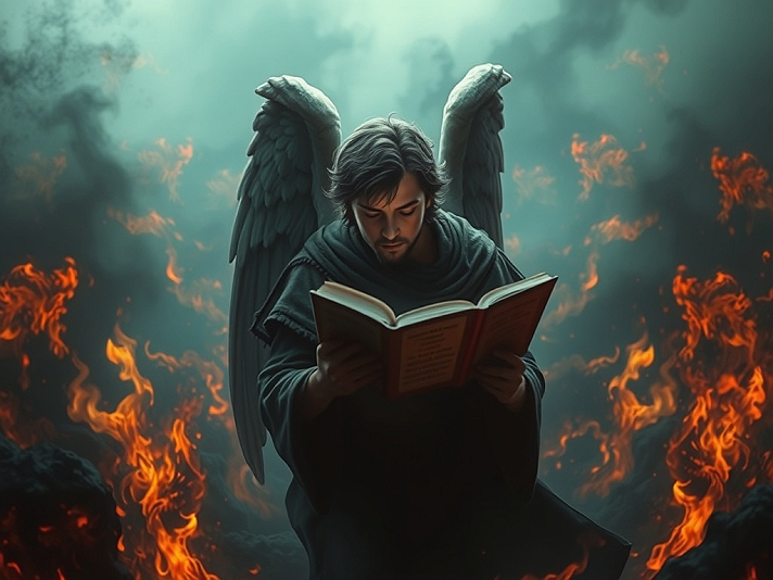 In the crucible of flame, where embers whisper secrets old,  Sits the seraph, winged in white,...